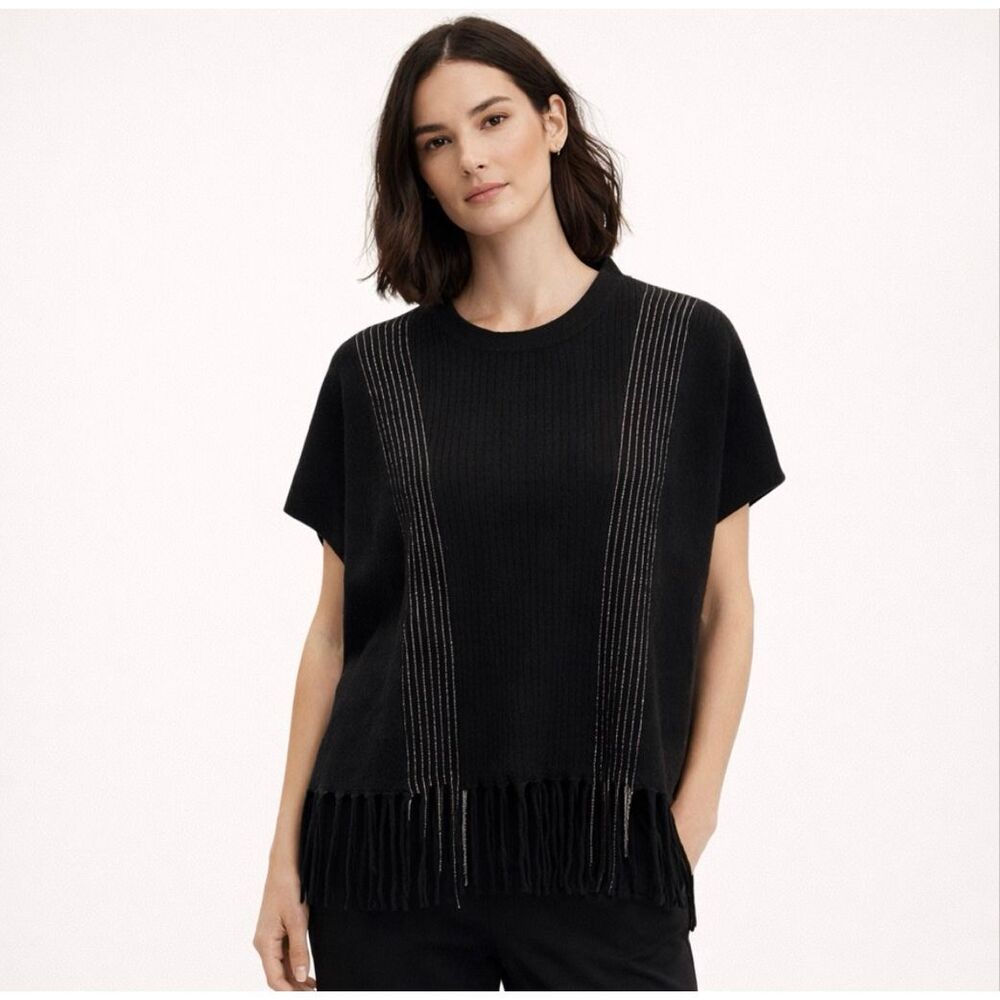 SOH Cashmere Merino Metallic Fringe Poncho Sweater Black S Lurex